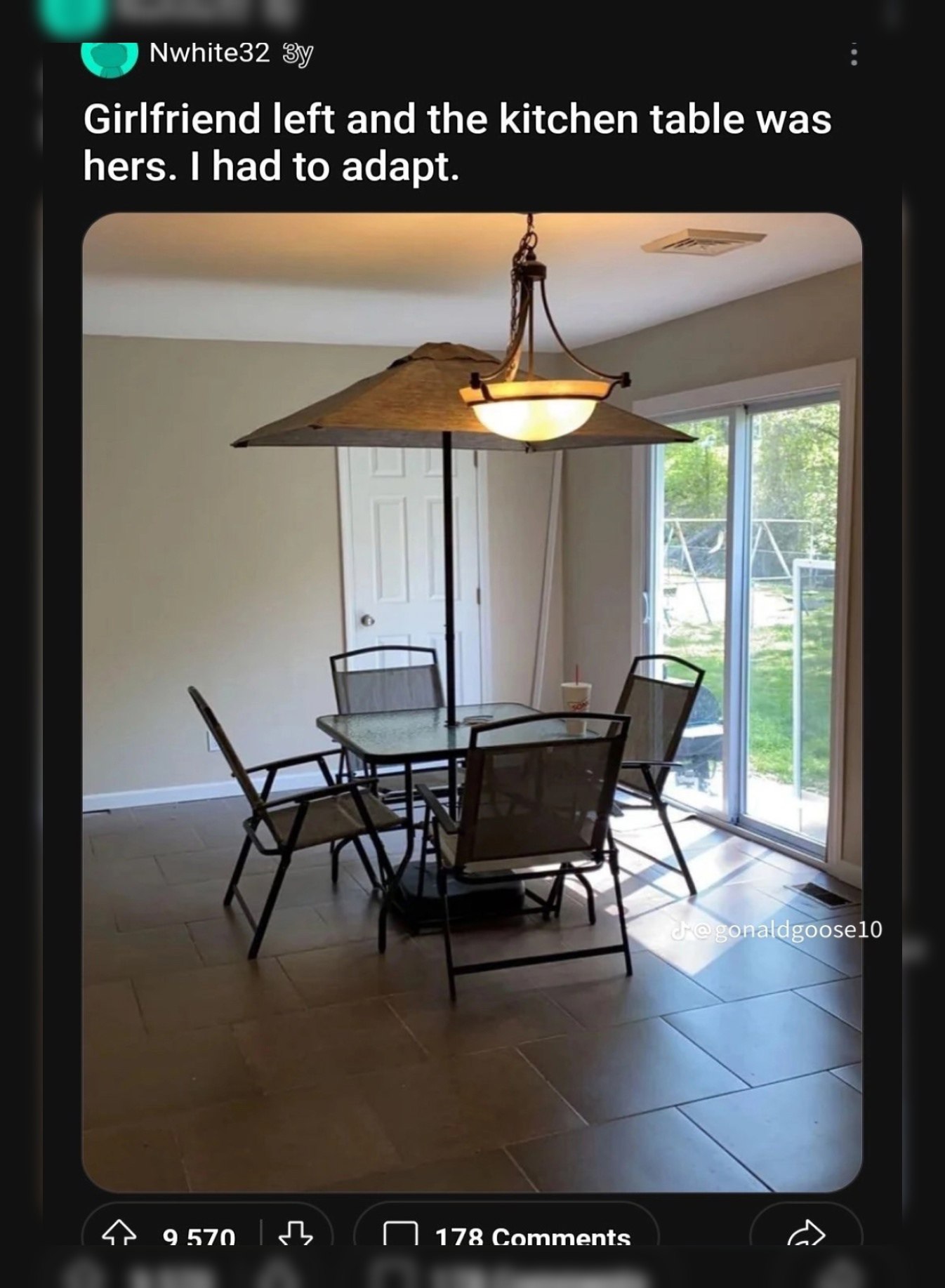 Nwhite32 Girlfriend left and the kitchen table was hers. had to adapt. у 9 570 178 Comments