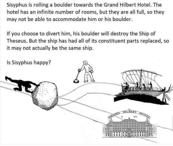 Sisyphus is rolling a boulder towards the Grand Hilbert Hotel. The hotel has an infinite number of rooms, but they are all full, so they may not be able to accommodate him or his boulder. If you choos
