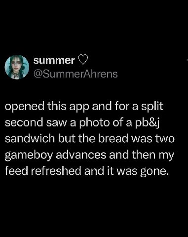 зититег opened this app and for a split second saw a photo of a pb&j sandwich but the bread was two gameboy advances and then my feed refreshed and it was gone.