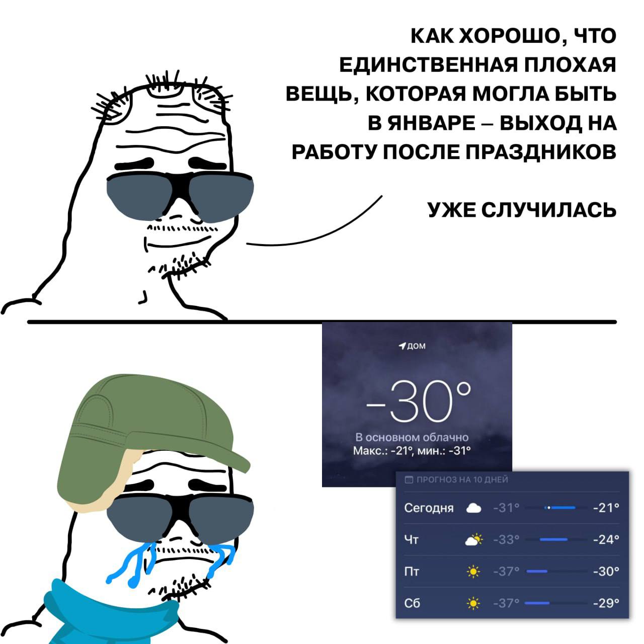 КАК ХОРОШО, ЧТО ЕДИНСТВЕННАЯ ПЛОХАЯ ВЕЩЬ, КОТОРАЯ МОГЛА БЫТЬ ВЫХОД РАБОТУ ПОСЛЕ ПРАЗДНИКОВ УЖЕ СЛУЧИЛАСЬ Макс.: -21°, мин.: -31° В основном облачно Сегодня 21 24 30 29