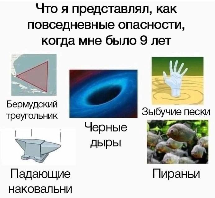 Что я представлял, как повседневные опасности когда мне было 9 лет треугольник Зыбучие пески Черные дыры Падающие Пираньи наковальни
