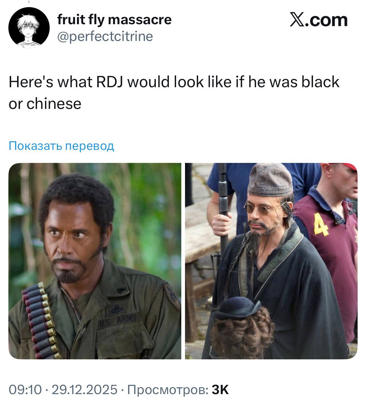 fruit fly massacre X.com 9’ @perfectcitrine Here's what RDJ would look like if he was black or chinese Показать перевод 09:10 29.12.2025 Просмотров: