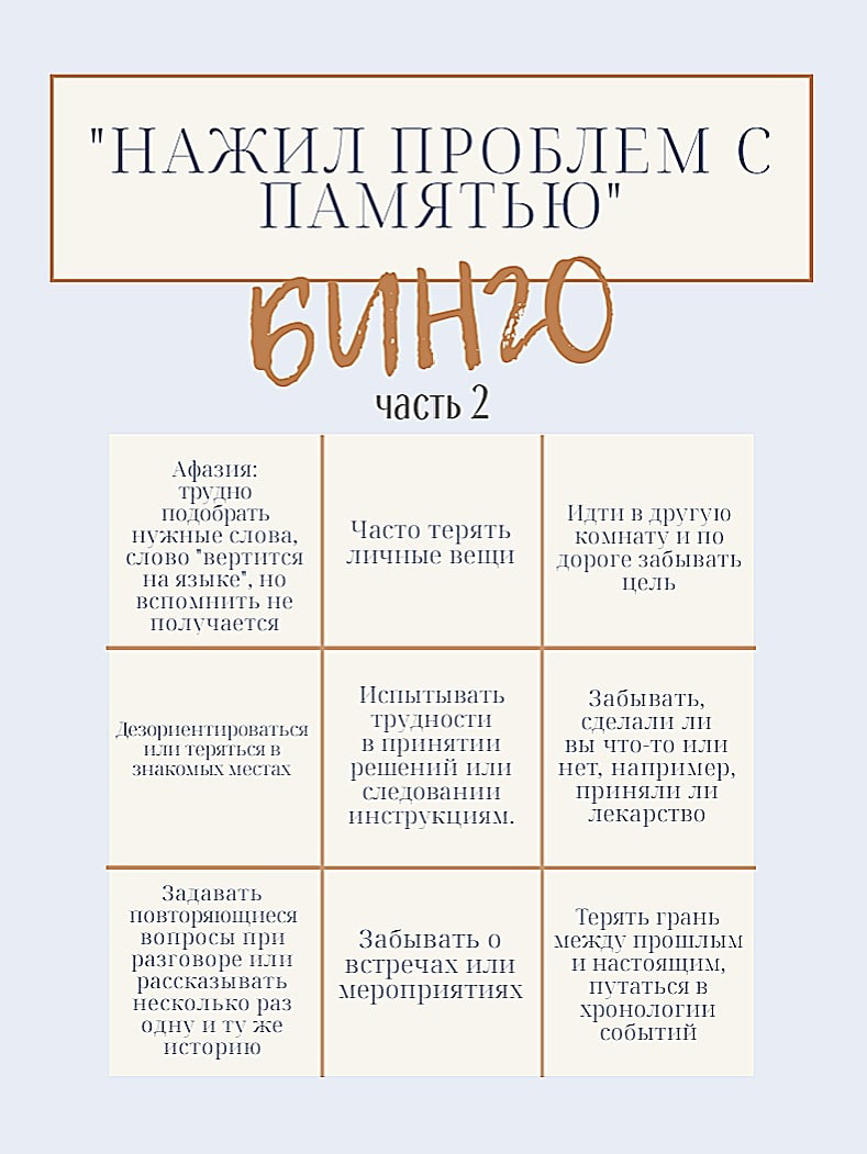 'НАЖИЛ ПРОБЛЕМ С ПАМЯТЬЮ" 7 часть 2 Афазия: трудно подобрать Идти в другую нужные слова, Часто терять комнату и по личные вещи слово "вертится дороге забывать на языке", цель не получается Испытывать 