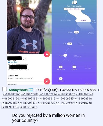 Your Tinder Insights You swiped 1020448 times Verified о less пап а mile away About Me don't drink so I'll be your Anonymous 11/12/23(Sun)21:48:33 №.189907538 >>189907765 >>189907783 >>189907824 >>189