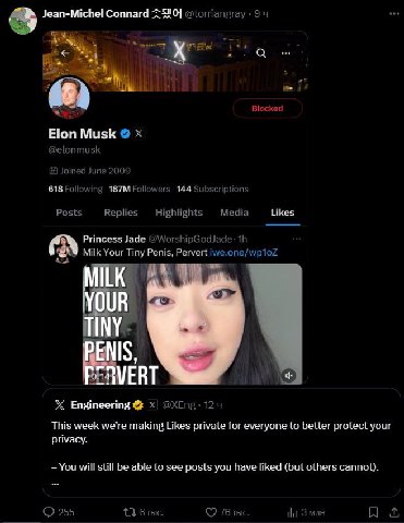 Jean-Michel Соппага 2320] @torriangray 9 5 7 Blocked Elon Musk @elonmusk Joined June 2009 618 Following Followers 144 Subscriptions Posts Replies Highlights Media Likes Or Princess Jade у Milk Your Ti