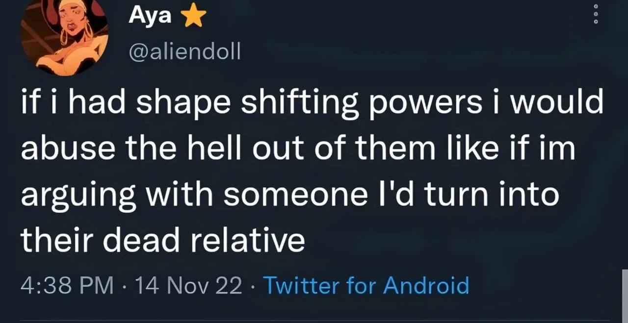 Aya @aliendoll if i had shape shifting powers 1 would abuse the hell out of them like If arguing with someone turn into their dead relative 4:38 14 Nov 22 Twitter for Android