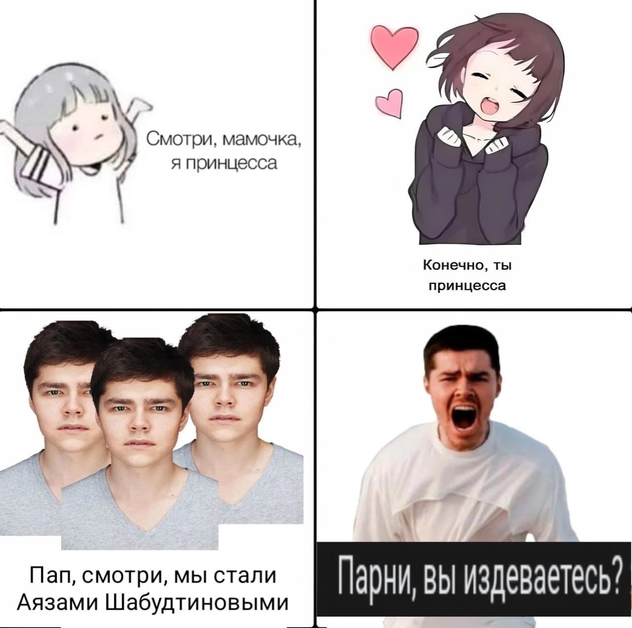 Смотри, мамочка, я принцесса Конечно, ты принцесса Пап, смотри, мы стали Аязами Шабудтиновыми Парни, вы издеваетесь?