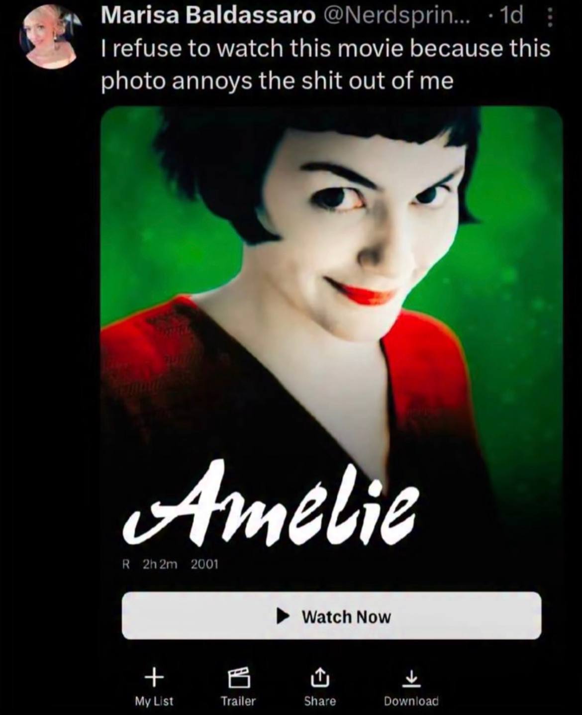 Marisa Baldassaro @Nerdsprin... refuse to watch this movie because this photo annoys the shit out of me Amiél К 2001 My List Trailer Share Download