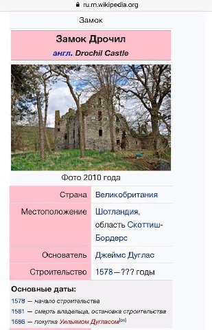 В ru.m.wikipedia.org Замок Замок Дрочил англ. Drochil Castle a Фото 2010 года Страна Великобритания Местоположение Шотландия, область Скоттиш- Бордерс Основатель Джеймс Дуглас Строительство 1578—??? г
