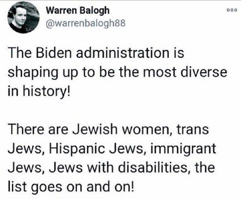 Warren Balogh ооо aS @warrenbalogh88 The Biden administration is shaping up to be the most diverse in history! There are Jewish women, trans Jews, Hispanic Jews, immigrant Jews, Jews with disabilities