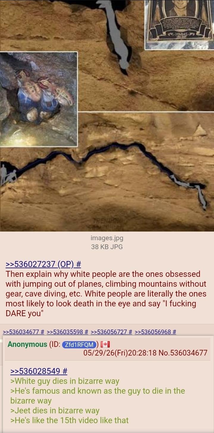 “ior images.jpg 38 JPG >>536027237 Then explain why white people are the ones obsessed with jumping out of planes, climbing mountains without gear, cave diving, etc. White people are literally the one