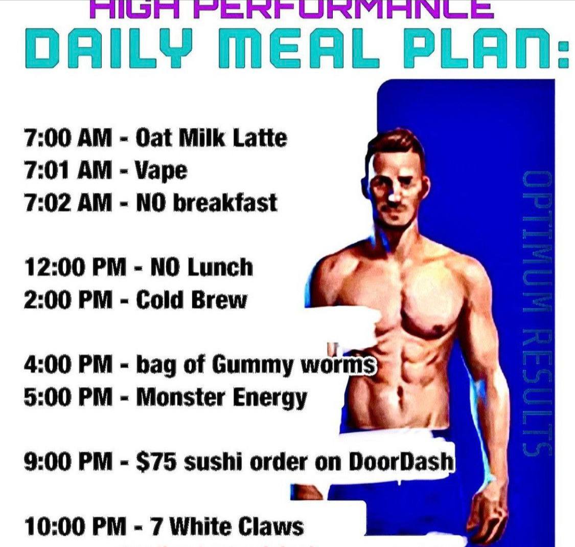 DAILY MEAL PLA 7:00 Oat Milk Latte 7:01 Vape 7:02 NO breakfast 12:00 NO Lunch 2:00 Cold Brew 4:00 bag of Gummy 5:00 Monster Energy 4 9:00 $75 sushi order 10:00 7 White Claws