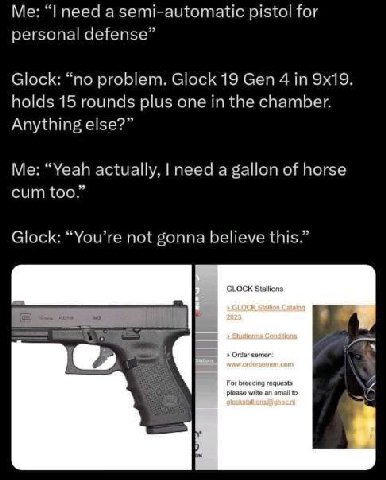 need a semi-automatic pistol for personal defense” Glock: “no problem. Glock 19 Gen 4 in holds 15 rounds plus one in the chamber. Anything else?” Me: “Yeah actually, need a gallon of horse cum too.” G