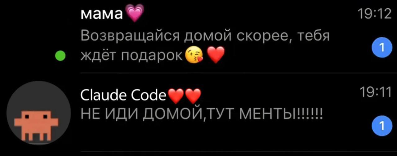 мама 19:12 Возвращайся домой скорее, тебя ждёт подарок 19:11 Claude HE ИДИ ДОМОЙЛУТ МЕНТЫНИН