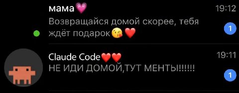 мама 19:12 Возвращайся домой скорее, тебя ждёт подарок 19:11 Claude HE ИДИ ДОМОЙЛУТ МЕНТЫНИН