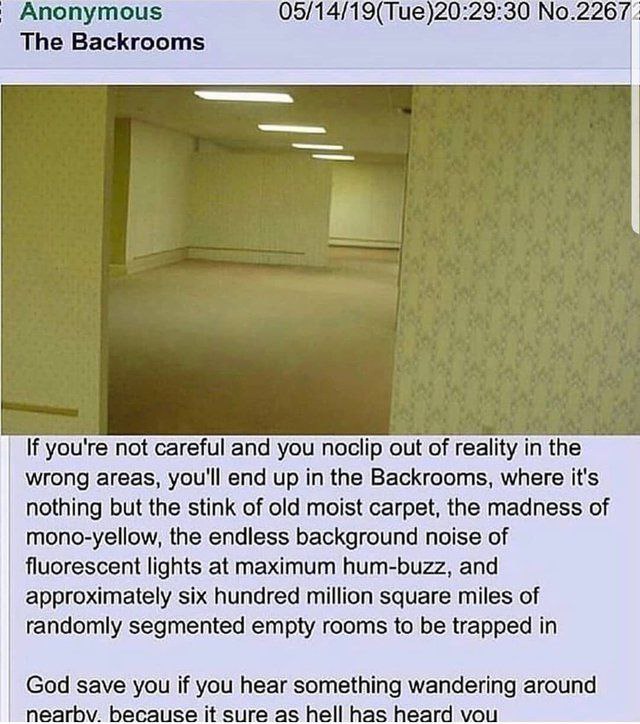 Anonymous 05/14/19(Tue)20:29:30 No.2267 The Backrooms If you're not careful and you noclip out of reality in the wrong areas, you'll end up in the Backrooms, where it's nothing but the stink of old mo