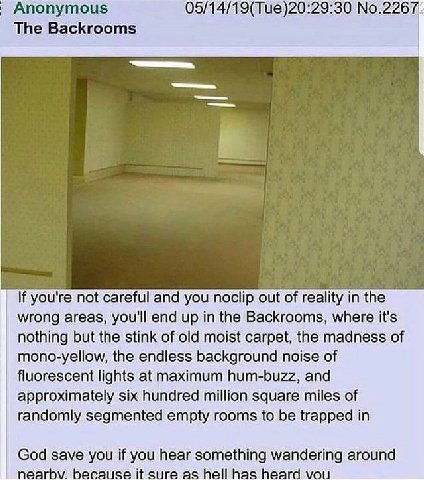 Anonymous 05/14/19(Tue)20:29:30 No.2267 The Backrooms If you're not careful and you noclip out of reality in the wrong areas, you'll end up in the Backrooms, where it's nothing but the stink of old mo