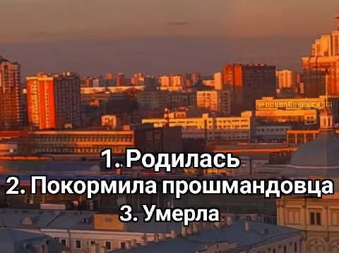 1.Родилась 2. Покормила прошмандовца 3. Умерла