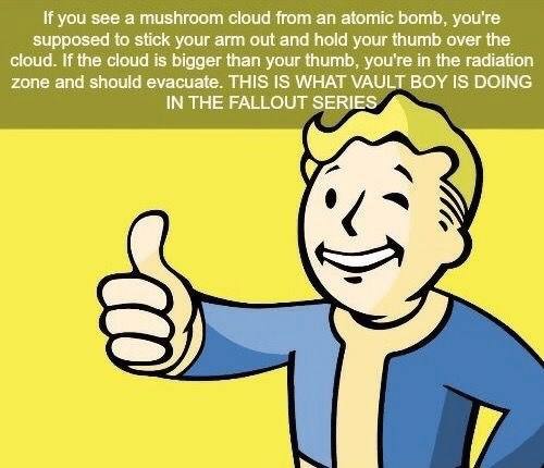 If you see а mushroom cloud atomic bomb, you're supposed to stick your arm out and hold your thumb over the cloud. if the cloud is bigger than your thumb, you're in the radiation zone and should evacu