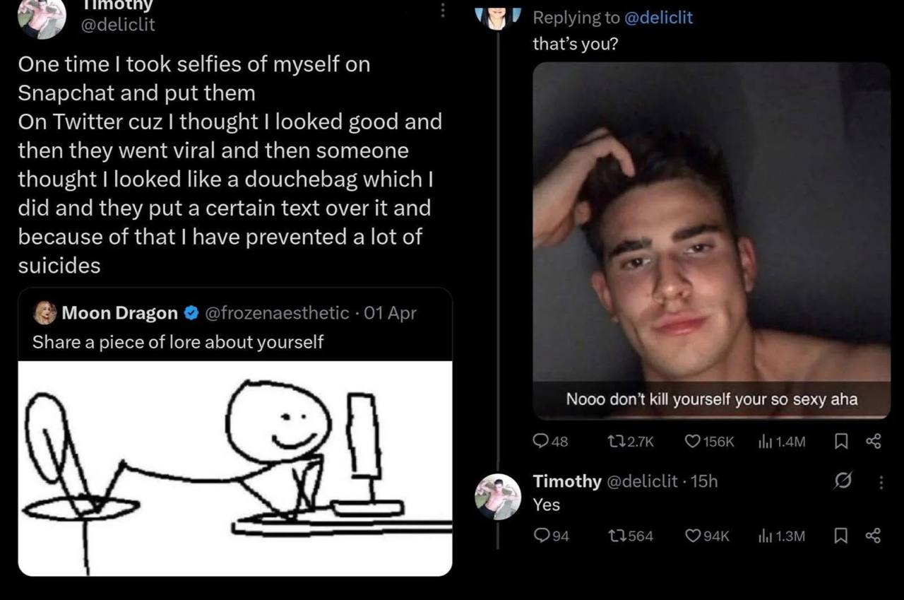 Replying to @deliclit that’s you? One time took selfies of myself on Snapchat and put them On Twitter cuz thought looked good and then they went viral and then someone thought looked like а douchebag 