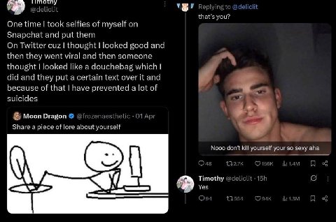 Replying to @deliclit that’s you? One time took selfies of myself on Snapchat and put them On Twitter cuz thought looked good and then they went viral and then someone thought looked like а douchebag 