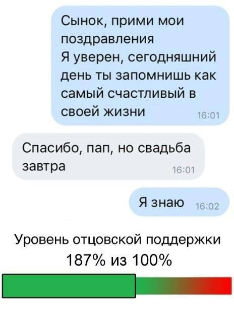 Сынок, прими мои поздравления Я уверен, сегодняшний день ты запомнишь как самый счастливый в своей жизни 16:01 Спасибо, пап, но свадьба завтра 16:01 Я знаю 16:02 Уровень отцовской поддержки 187% из 10