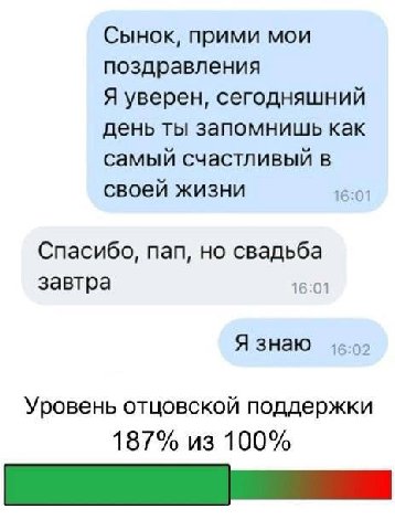 Сынок, прими мои поздравления Я уверен, сегодняшний день ты запомнишь как самый счастливый в своей жизни 16:01 Спасибо, пап, но свадьба завтра 16:01 Я знаю 16:02 Уровень отцовской поддержки 187% из 10