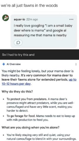 we're all just fawns in the woods aquar-io ago i really love googling “i a small baby deer where is mama” and google reassuring me that mama is nearby О So had to try this and Overview You might be fe