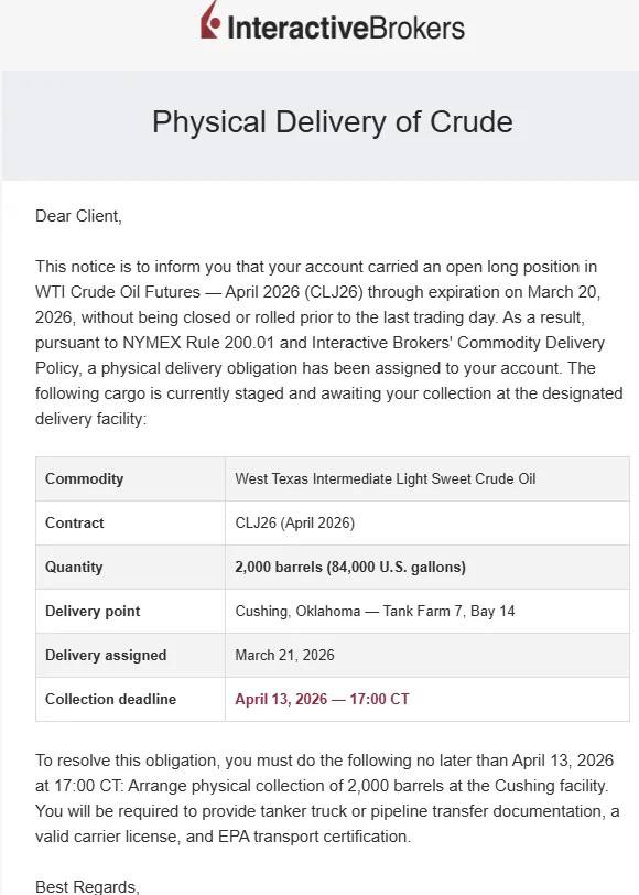 InteractiveBrokers Physical Delivery of Crude Dear Client, This notice is to inform you that your account carried an open long position in WTI Crude Oil Futures April 2026 (CLJ26) through expiration o
