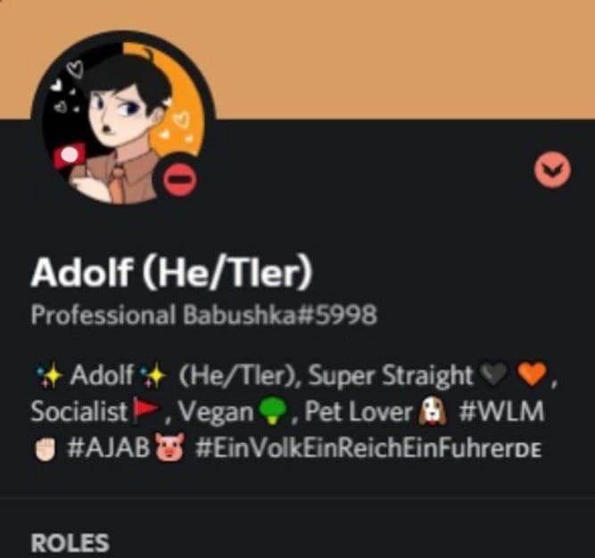 7: Adolf (Не/Пег) Professional Babushka#5998 (Не/Пег), Super Socialist Vegan Pet Lover #WLM #AJAB® #EinVolkEinReichEinFuhrerve ROLES