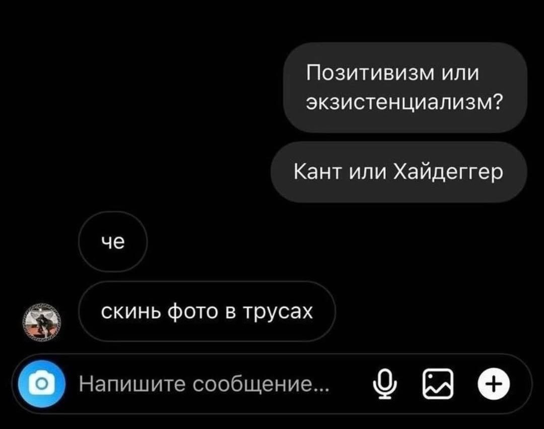 Позитивизм или экзистенциализм? Кант или Хайдеггер че скинь фото в трусах То} Напишите сообщение...