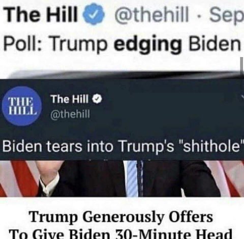 The Hill @thehill Poll: edging Biden othehil Biden tears into Trump's Trump Generously Offers о Give Riden Heac