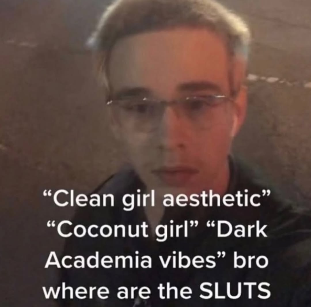 “Clean girl aesthetic” “Coconut girl” “Dark Academia vibes” bro where are the SLUTS