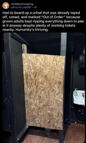 r/mildlyinfuriating u/Actual-Log465 1а Had to board up a urinal that was already taped off, coned, and marked “Out of Order” because grown adults kept ripping everything down to pee in it anyway despi