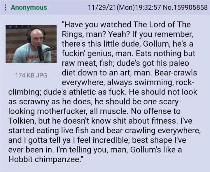 Anonymous №.159905858 "Have you watched The Lord of The Rings, man? Yeah? If you remember, there's this little dude, Gollum, he's a fuckin’ genius, man. Eats nothing but raw meat, fish; dude's got his