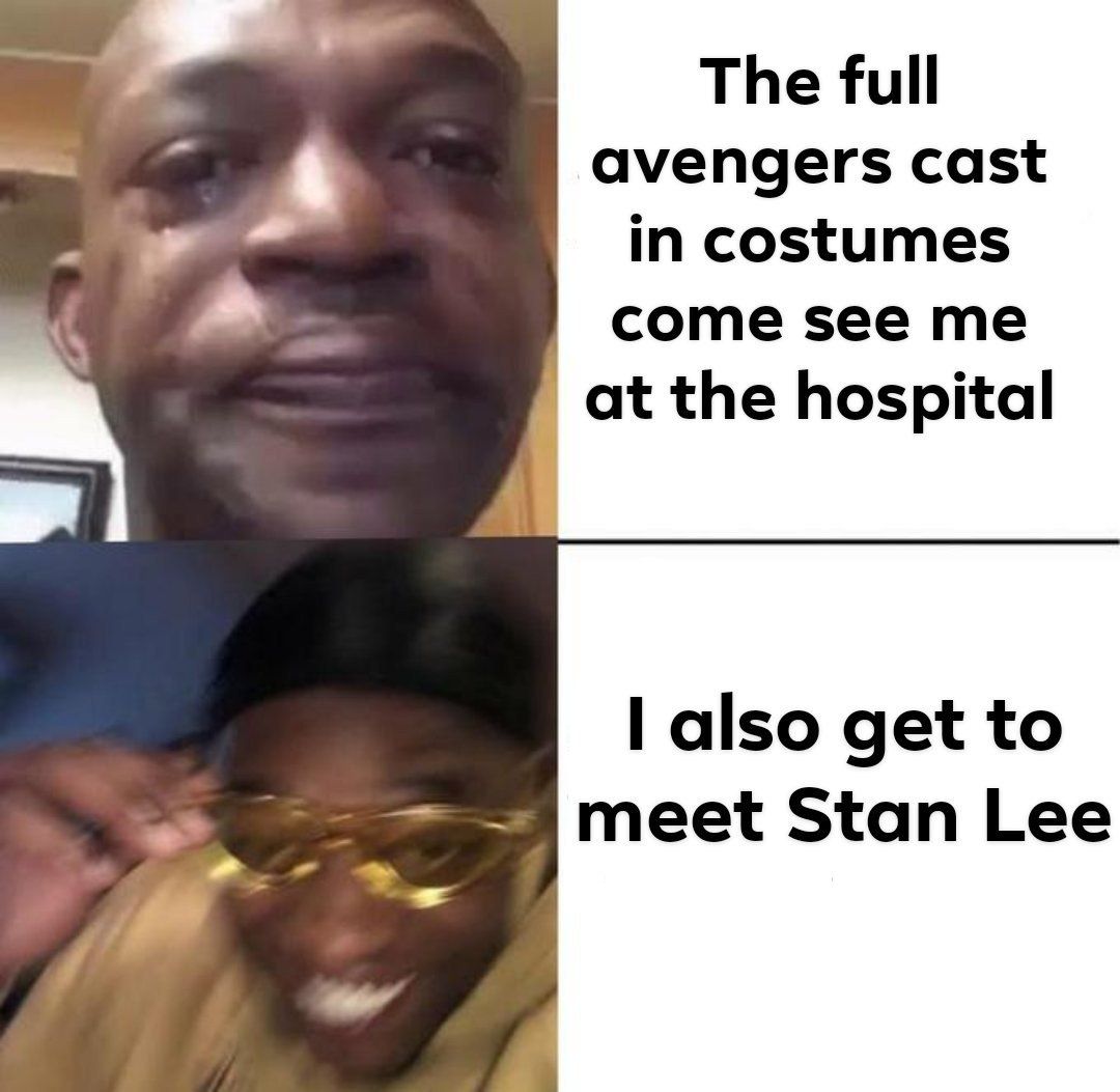 The full avengers cast in costumes come see me at the hospital also get to meet Stan Lee