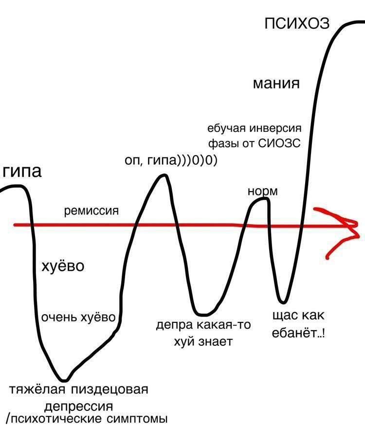 ПСИХОЗ мания ебучая инверсия фазы от СИОЗС гипа)))0)0) гипа норм ремиссия хуево очень хуёво щас как депра какая-то ебанёт..! хуй знает тяжёлая пиздецовая депрессия [психотические симптомы