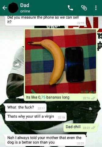 Dad online Did you measure the phone so we can 5 2 Its like 0,75 bananas long What the fuck? Thats why your still a virgin Dad chill Nah always told your mother that even the dog is a better son than 