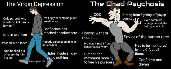 The Virgin Depression The Chad Psychosis cool Strong from fighting off psyop Only person who accepts help and agents Even complete warts to him 15 тессапоп strangers cant stop hinself talking about hu