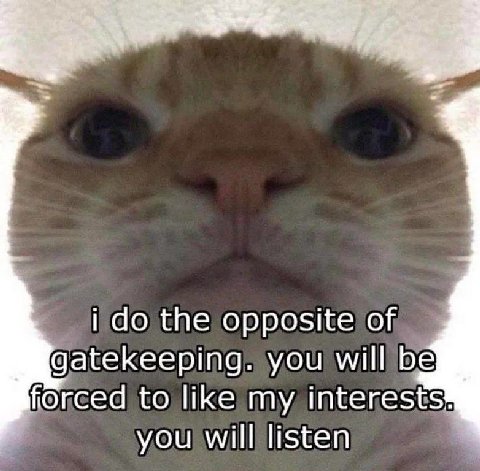 i the opposite of gatekeeping. you will be forced to like my interests you will listen