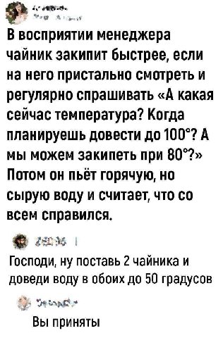 В восприятии менеджера чаиник закипит быстрее, если на него пристально смотреть и регулярно спрашивать «А какая сейчас температура? Когда планируешь довести до 100°? А мы можем закипеть при 80°?» Пото