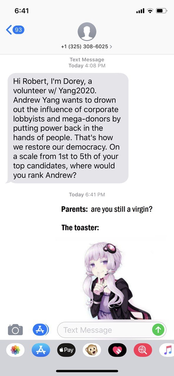 6:41 +1 (325) 308-6025 Text Message Today 4:08 Robert, Dorey, a volunteer Yang2020. Andrew Yang wants to drown out the influence of corporate lobbyists and mega-donors putting power back in the hands 