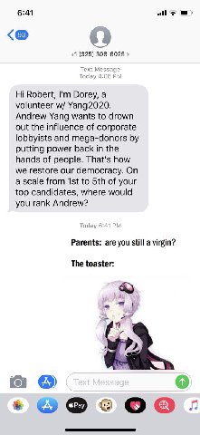 6:41 +1 (325) 308-6025 Text Message Today 4:08 Robert, Dorey, a volunteer Yang2020. Andrew Yang wants to drown out the influence of corporate lobbyists and mega-donors putting power back in the hands 