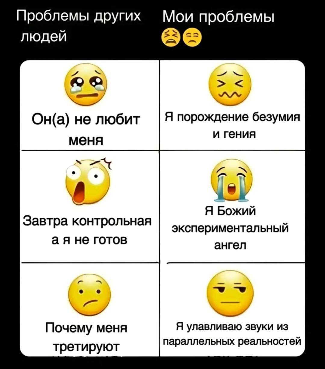 Проблемы других Мои проблемы людей 66 Он(а) не любит Я порождение безумия и гения меня Я Я Божий Завтра контрольная экспериментальный аяне готов ангел Почему меня Я улавливаю звуки из параллельных реа