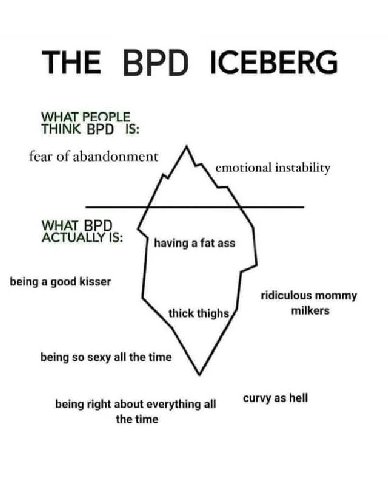 WHAT PEOPLE THINK 15: fear of abandonment emotional instability WHAT BPD ACTUALLY IS: having a fat ass being a good kisser ridiculous mommy thick thighs milkers being so sexy all the time being right 