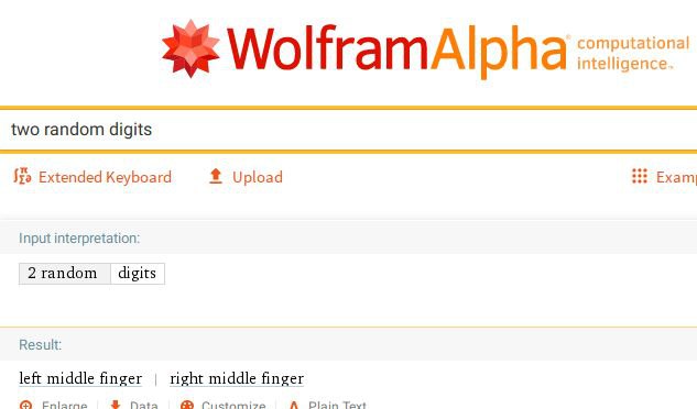 computational WolframAlpha intelligence. two random digits 333 Extended Keyboard Upload Exam| Input interpretation: digits Result: left middle finger right middle finger Enlarna Nata Tavt