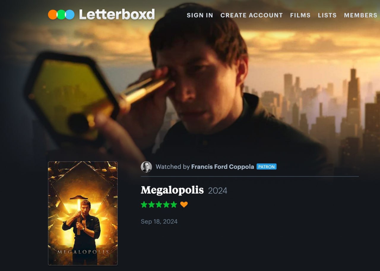 SIGNIN CREATE ACCOUNT FILM Watched Francis Ford Coppola Megalopolis 2024 Sep 18, 2024