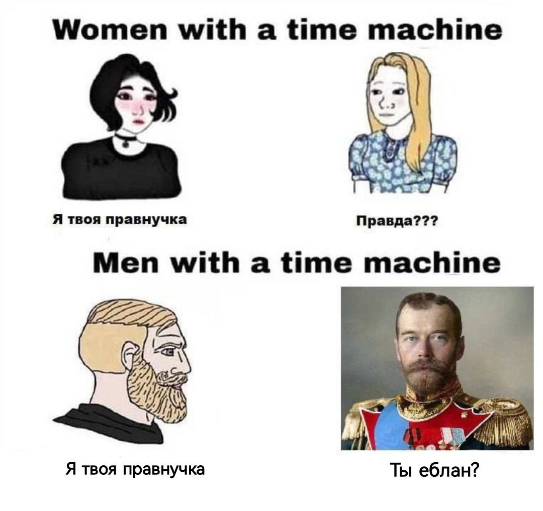 Women with а time machine Я твоя правнучка Правда??? Men with a time machine Я твоя правнучка Ты еблан?