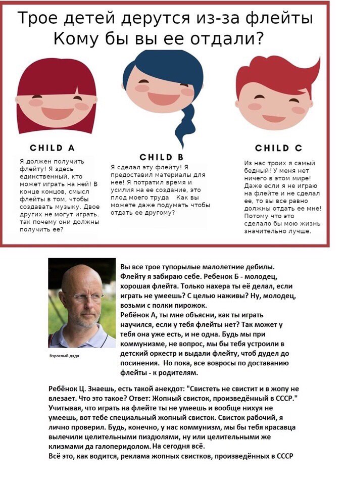 Трое детей дерутся из-за флейты Кому бы вы ее отдали? А CHILD С CHILD Я должен получить Из нас троих я самый Я сделал эту флейту! Я флейту! Я здесь бедный! У меня нет кто предоставил материалы для нич
