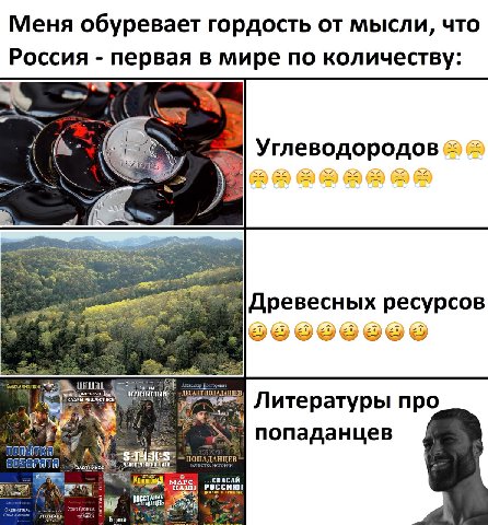 Меня обуревает гордость от мысли, что Россия первая в мире по количеству: Углеводородов 52 52 5 Древесных ресурсов С. НЦЕВ Литературы про попаданцев у ПОПАД.